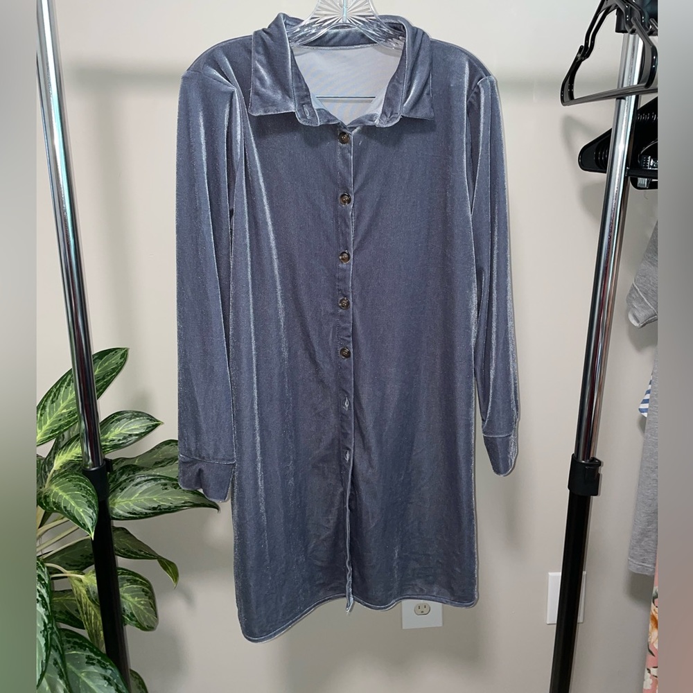 Grey velvet button up collared long sleeve dress